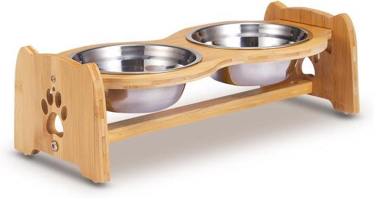 Elevated Dog Bowls for Cats and Dogs, Adjustable Bamboo Raised Dog Bowls for Small Dog, Food and Water Set Stand Feeder with 2 Stainless Steel Bowls and anti Slip Feet (Height 4" to 4.5")