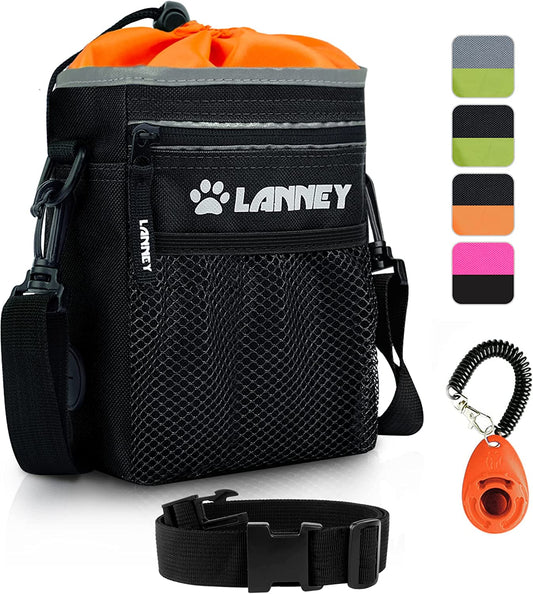 Professional Product Title: "Premium Dog Treat Pouch for Training and Rewards, Convenient Carry Bag for Dogs of all Sizes, with Metal Clip, Waist Belt, Shoulder Strap, and Poop Bag Dispenser, in Stylish Black and Orange"
