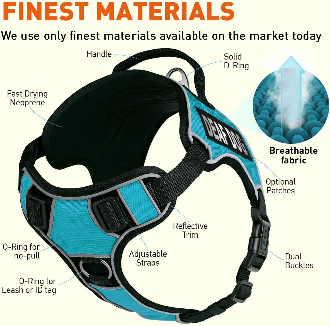 "Ultimate Comfort and Control: Quest No-Pull Dog Harness with Reflective Patches, Quick Release Buckles, and Handle - Perfect for Deaf Dogs! (Teal, 25-31 Inches)"