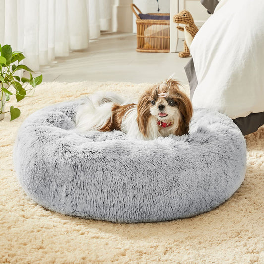 "Cozy Haven Faux Fur Pet Bed - The Ultimate Calming Retreat for Dogs and Cats! Perfect for Small, Medium, and Large Pets. Anti-Anxiety Donut Cuddler for Warmth and Comfort. Ideal for Indoor Cats. (24", Light Grey)"