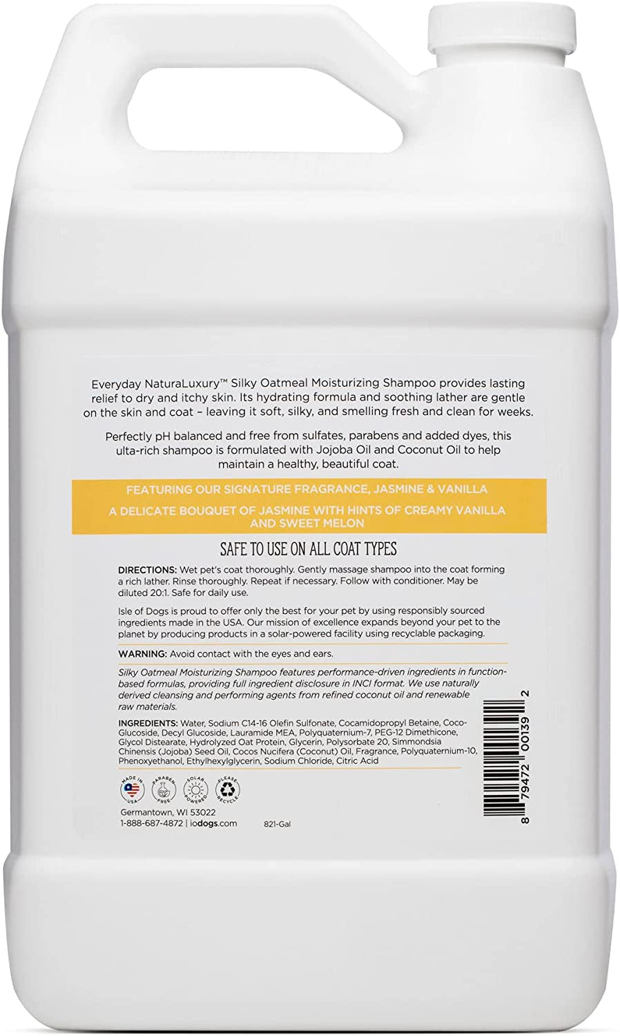 Professional Product Title: "Isle of Dogs - Everyday Natural Luxury Silky Oatmeal Shampoo - Jasmine + Vanilla - Sulfate & Paraben Free - Enriched with Oatmeal & Jojoba Oil for a Silky Coat - Made in the USA - 1 Gallon"