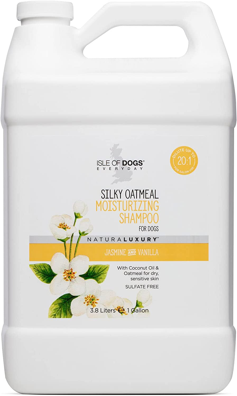 Professional Product Title: "Isle of Dogs - Everyday Natural Luxury Silky Oatmeal Shampoo - Jasmine + Vanilla - Sulfate & Paraben Free - Enriched with Oatmeal & Jojoba Oil for a Silky Coat - Made in the USA - 1 Gallon"