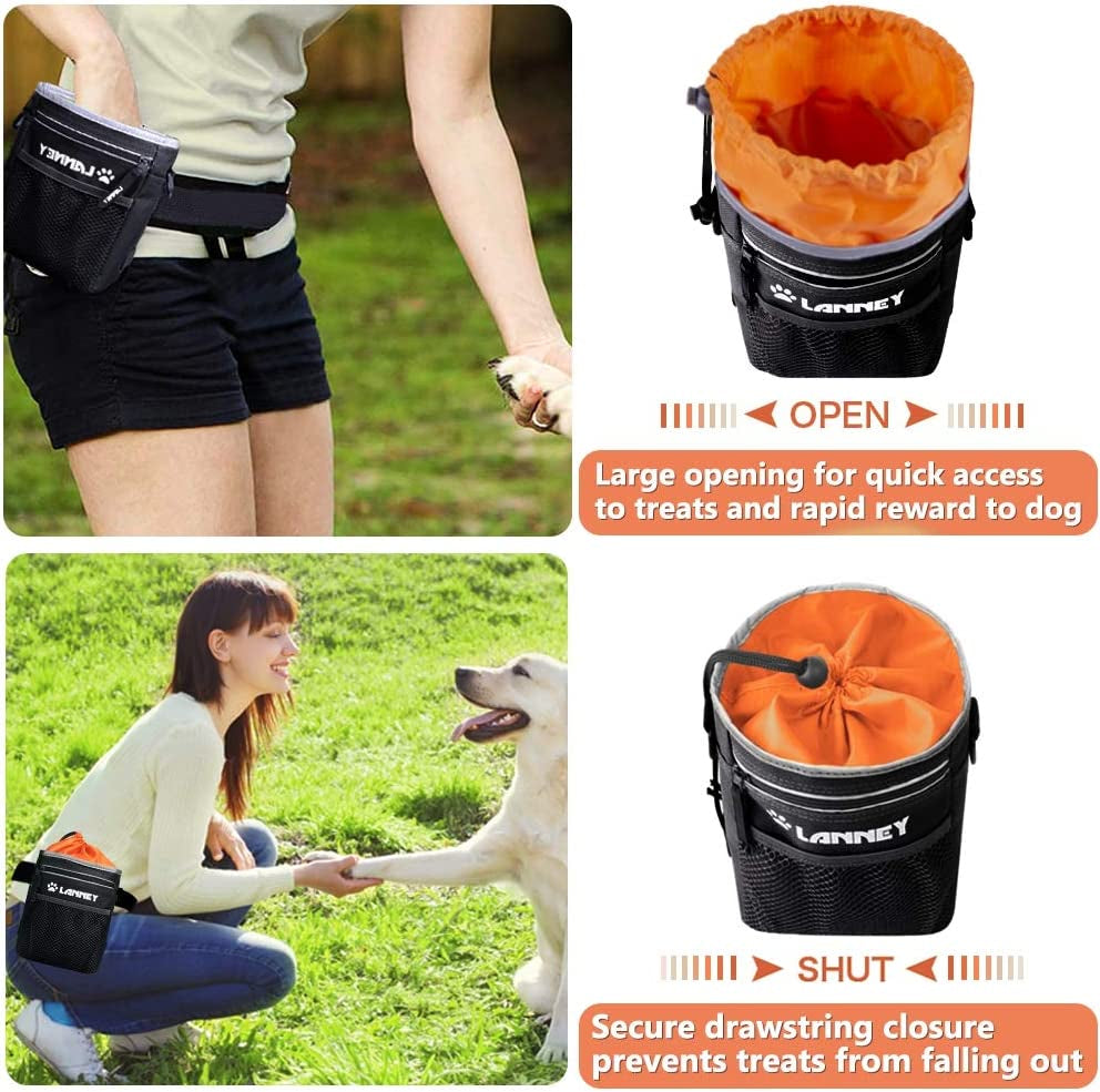 Professional Product Title: "Premium Dog Treat Pouch for Training and Rewards, Convenient Carry Bag for Dogs of all Sizes, with Metal Clip, Waist Belt, Shoulder Strap, and Poop Bag Dispenser, in Stylish Black and Orange"