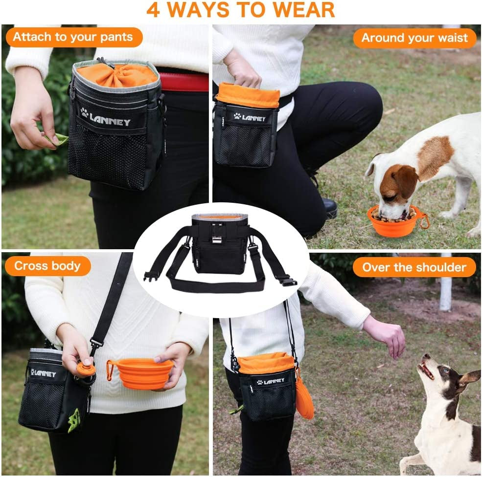 Professional Product Title: "Premium Dog Treat Pouch for Training and Rewards, Convenient Carry Bag for Dogs of all Sizes, with Metal Clip, Waist Belt, Shoulder Strap, and Poop Bag Dispenser, in Stylish Black and Orange"