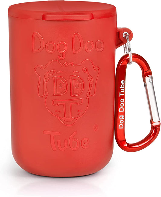 Reusable Dog Poop Holder with Fitting Lid - Odor and Germ Control - Unscented and Leak Proof - Easily Attachable to Dog Leash, Harness or Waist - Medium Size, Red Color