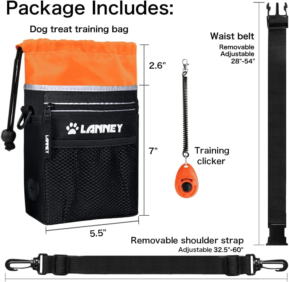 Professional Product Title: "Premium Dog Treat Pouch for Training and Rewards, Convenient Carry Bag for Dogs of all Sizes, with Metal Clip, Waist Belt, Shoulder Strap, and Poop Bag Dispenser, in Stylish Black and Orange"