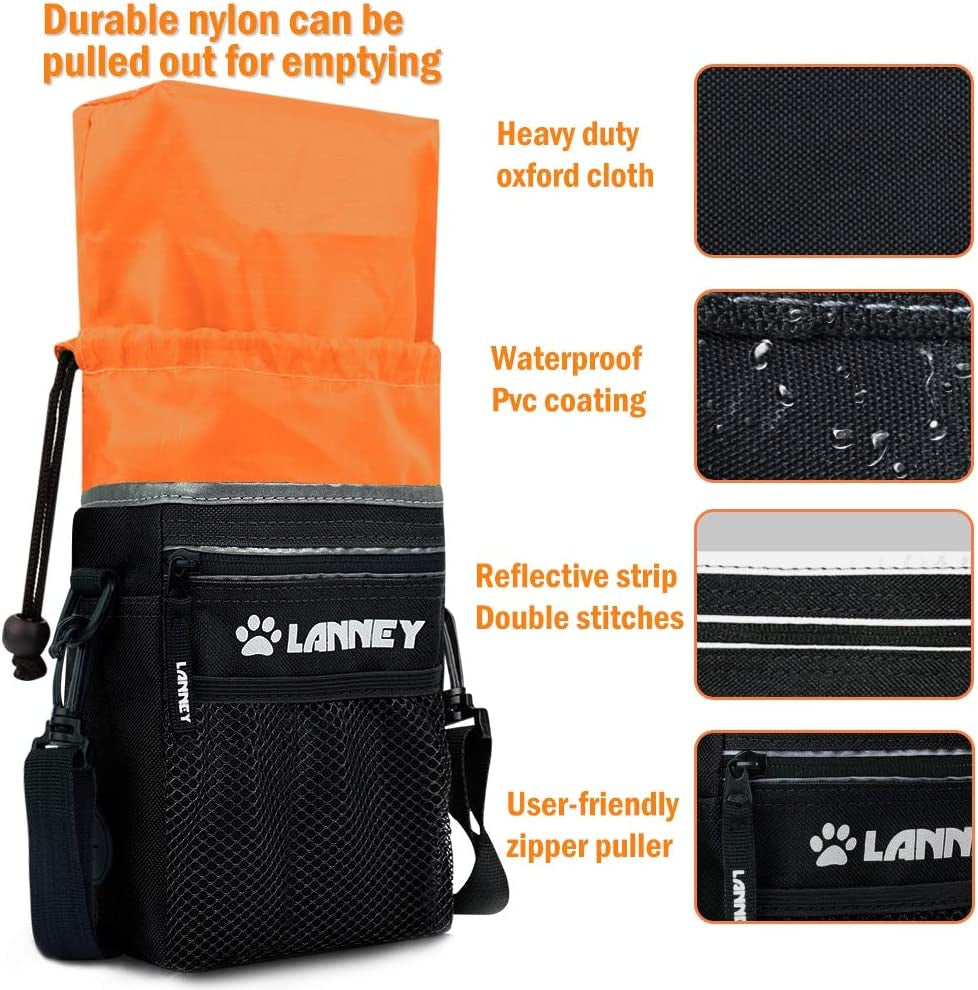 Professional Product Title: "Premium Dog Treat Pouch for Training and Rewards, Convenient Carry Bag for Dogs of all Sizes, with Metal Clip, Waist Belt, Shoulder Strap, and Poop Bag Dispenser, in Stylish Black and Orange"