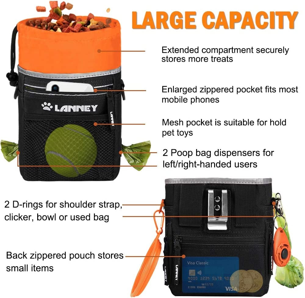 Professional Product Title: "Premium Dog Treat Pouch for Training and Rewards, Convenient Carry Bag for Dogs of all Sizes, with Metal Clip, Waist Belt, Shoulder Strap, and Poop Bag Dispenser, in Stylish Black and Orange"